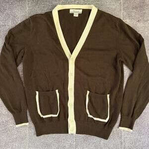Men's Faconnable Cashmere Cotton Blend Brown Ivory White Cardigan Sweater Sz S